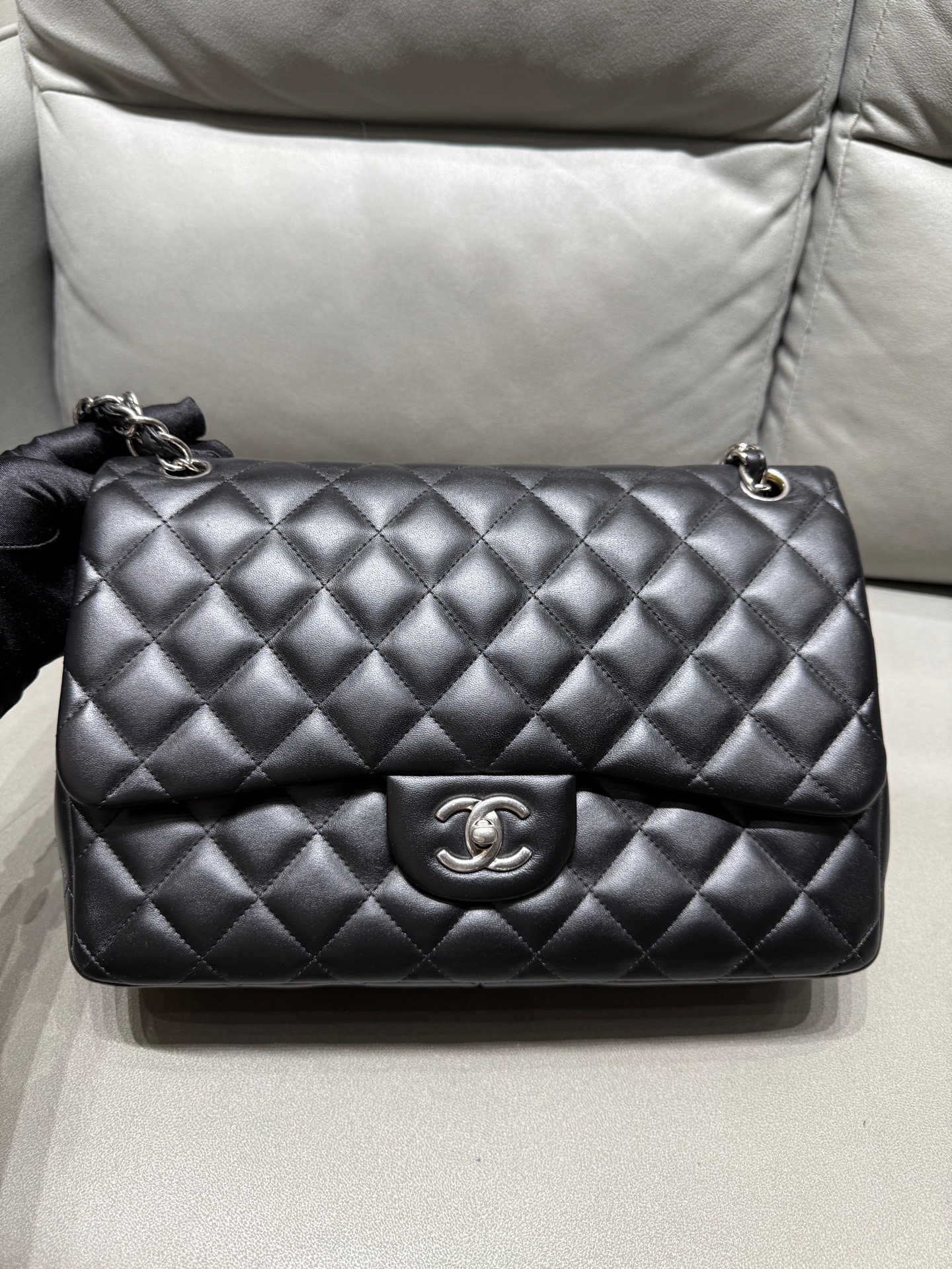 CHANEL Jumbo Flap Bag 30cm Black Silver Hardware Lambskin