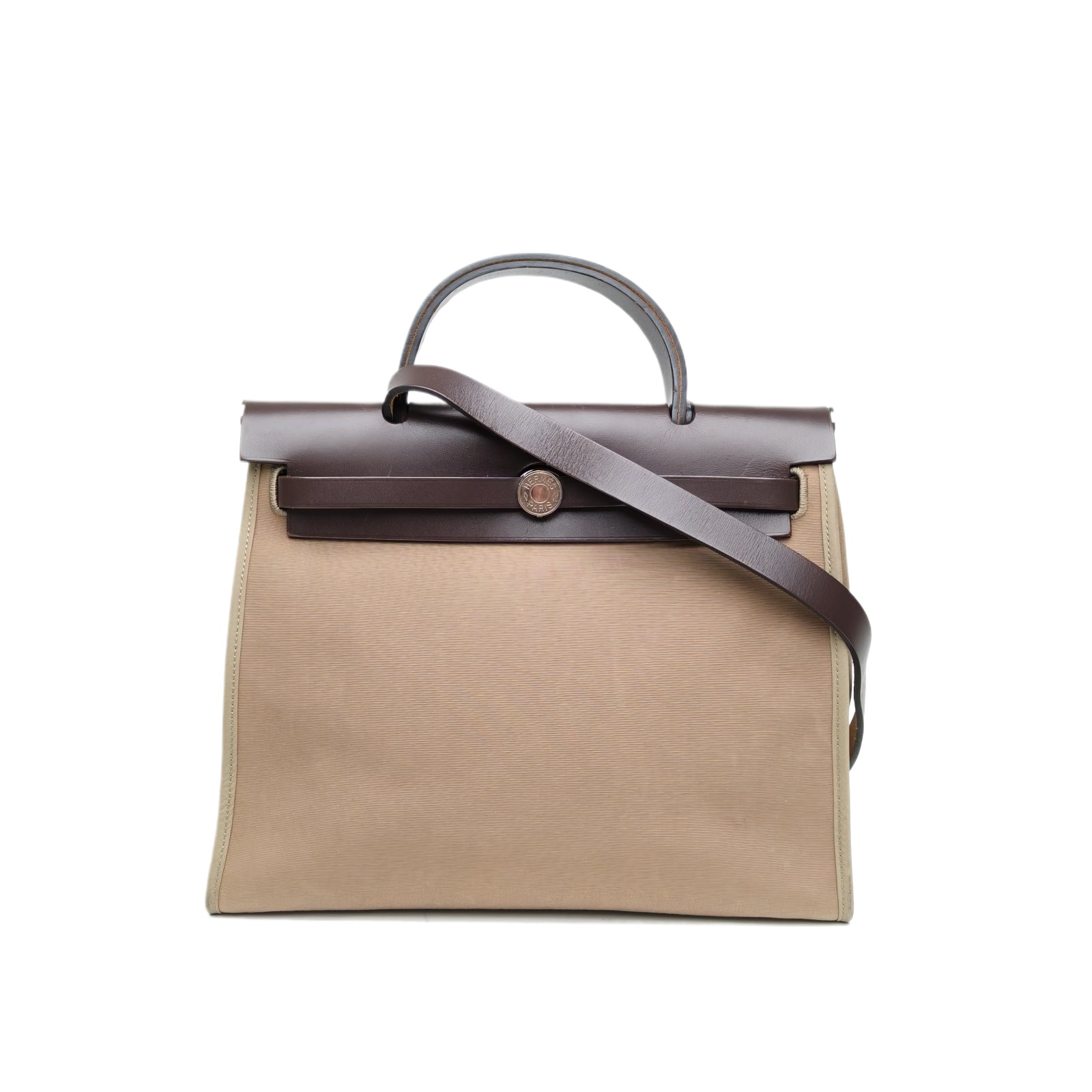 HERMES Herbag 31 Elephant Grey & 46 Ebene Canvas/Hunter Leather T Stamp Silver Hardware