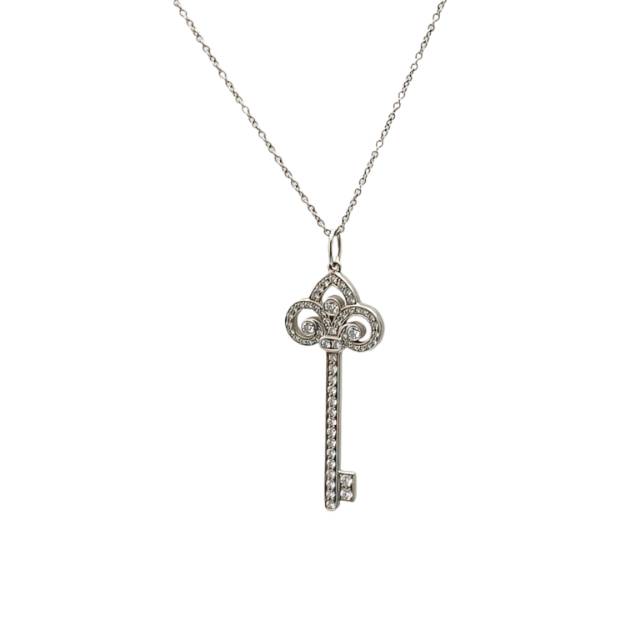 TIFFANY & CO. Keys Fleur de Lis Necklace 18K White Gold with Full Pavé Diamonds