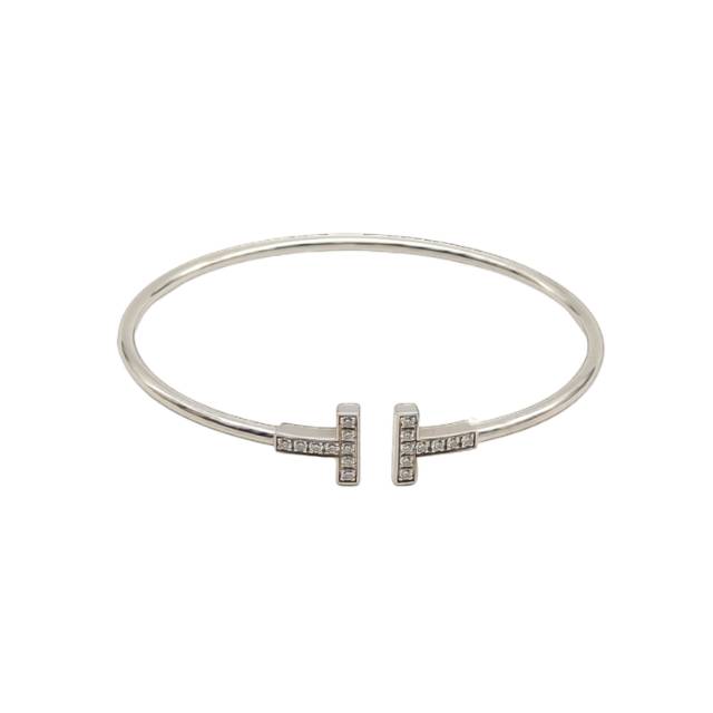 TIFFANY & CO. T Full Pavé Diamond Wire Bracelet Medium 18K White Gold Size 15