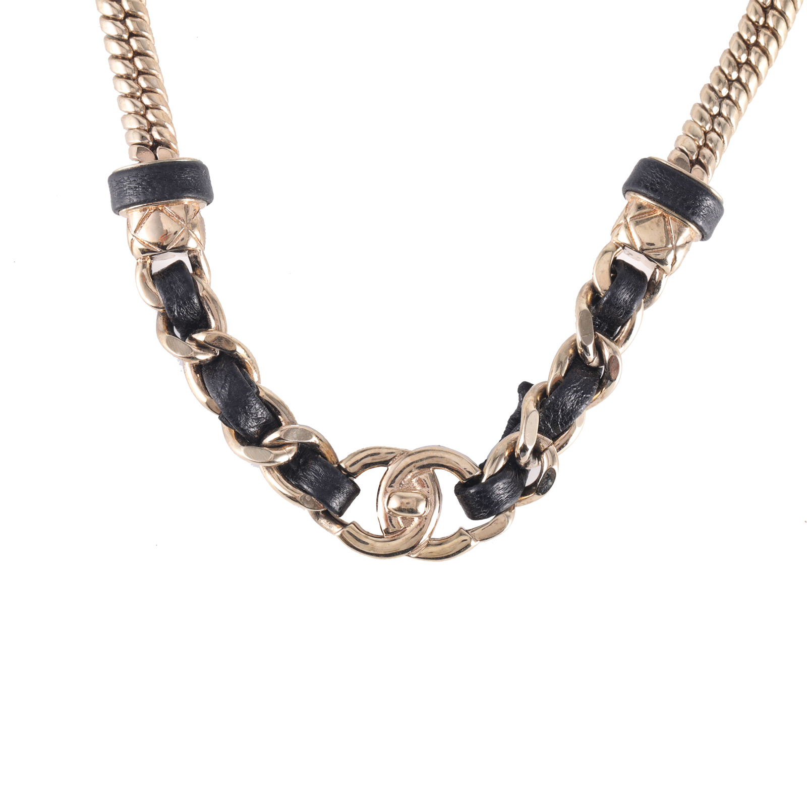 CHANEL 21S CC Logo Leather Chain Choker Necklace Gold Tone Alloy
