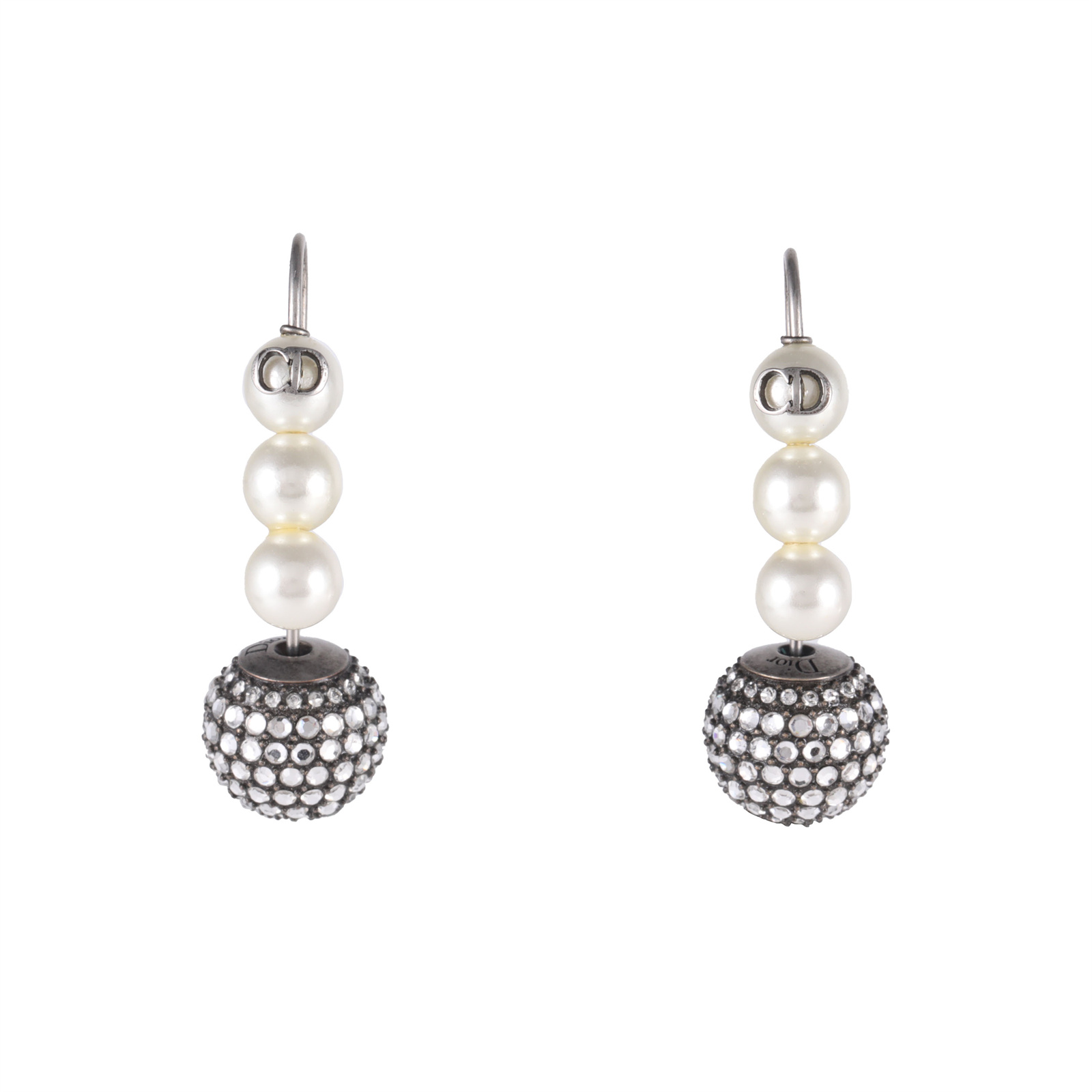 DIOR Pearl & Crystal Drop Earrings Gold Tone Alloy