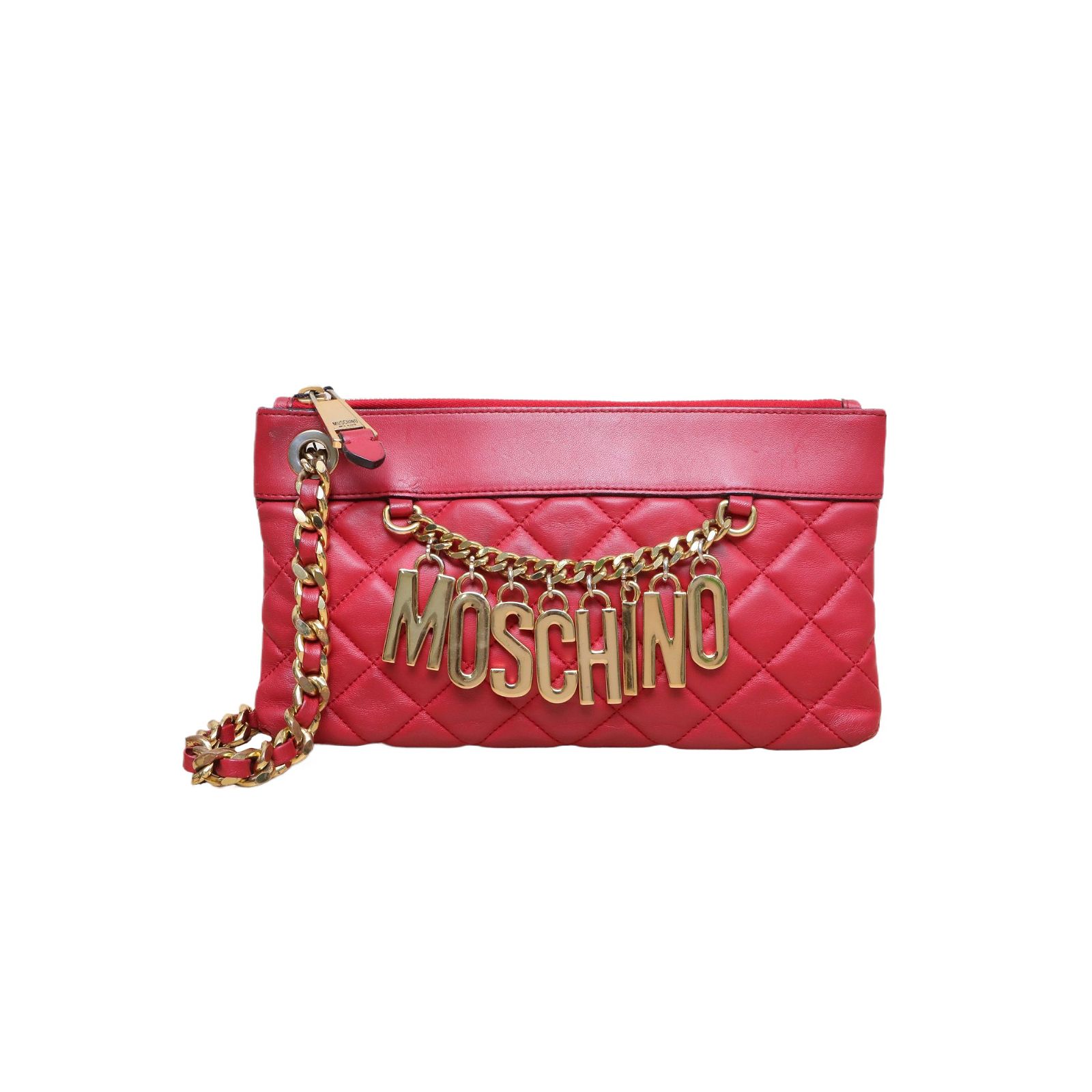 MOSCHINO Logo Chain Clutch Bag Red Leather