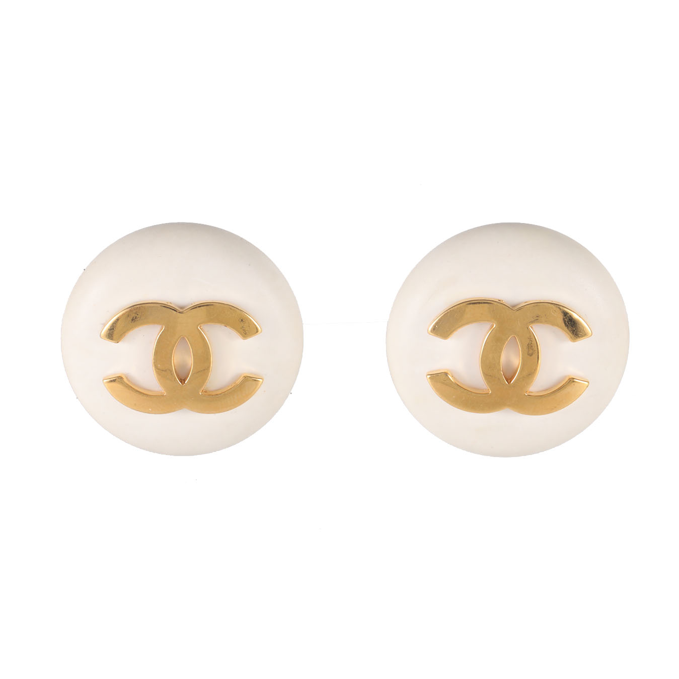 CHANEL Vintage Round CC Logo Earrings with White Center Gold Tone Alloy