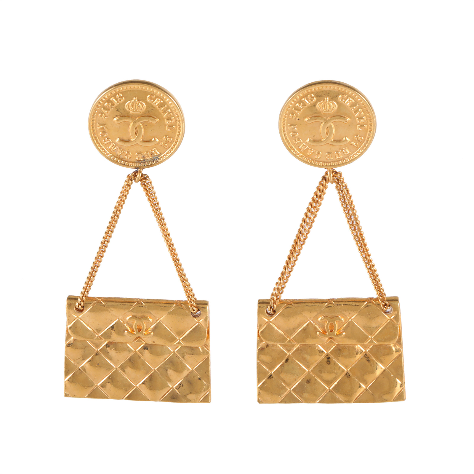 CHANEL Vintage CC Logo Bag Charm Earrings Gold Tone Alloy