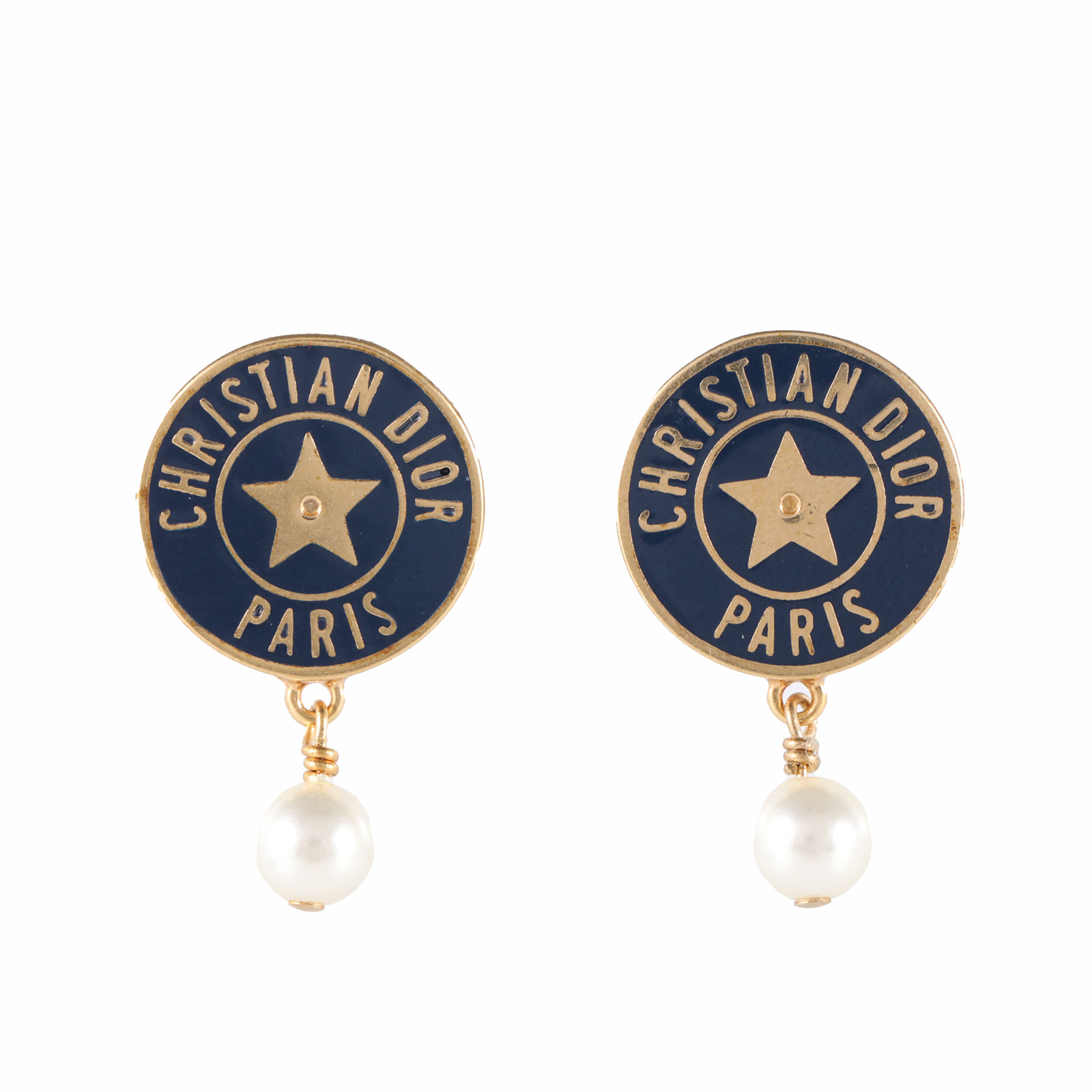 DIOR CD Star Pearl Drop Earrings Gold Tone Alloy