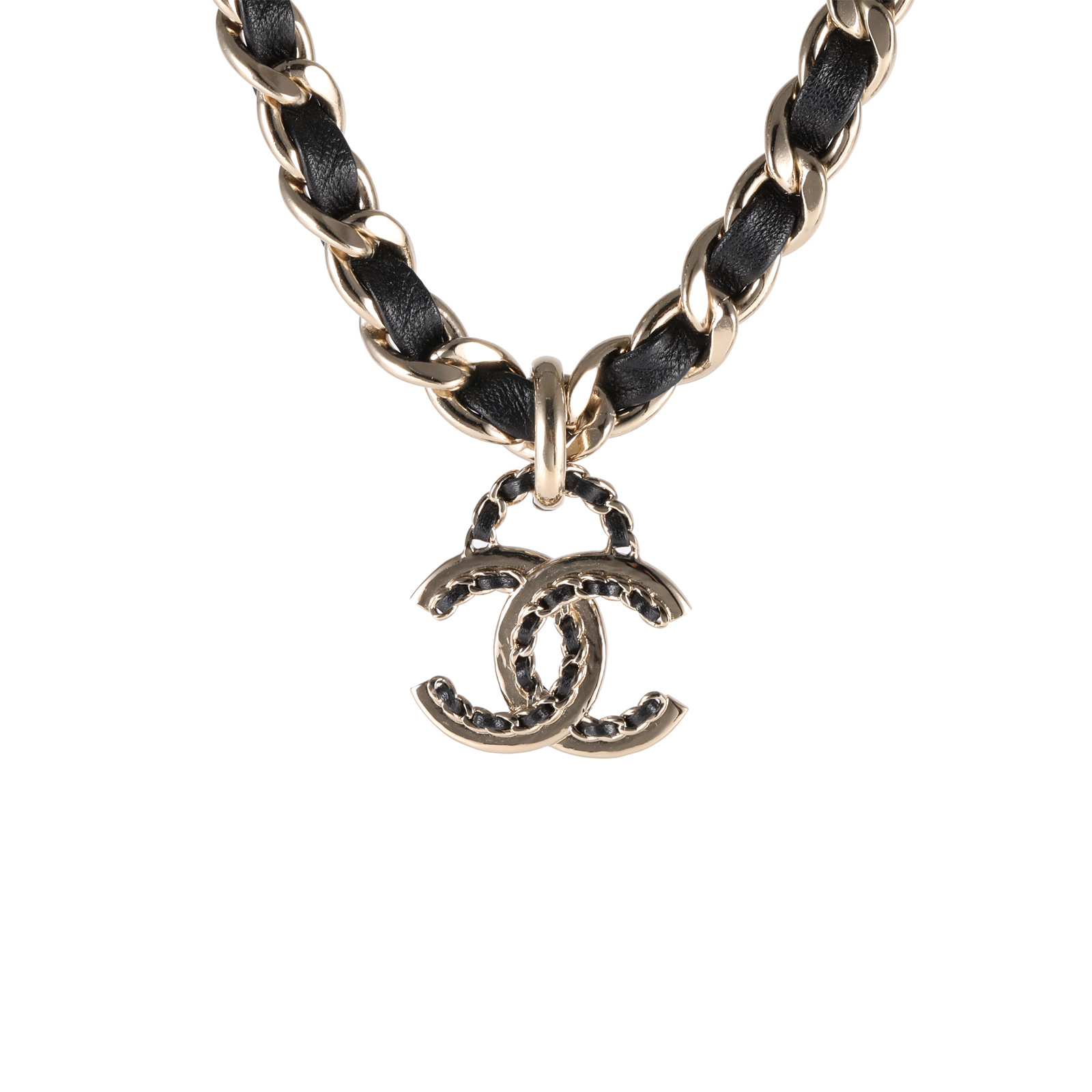 CHANEL 22P Classic CC Logo Leather Chain Necklace Gold Tone Alloy