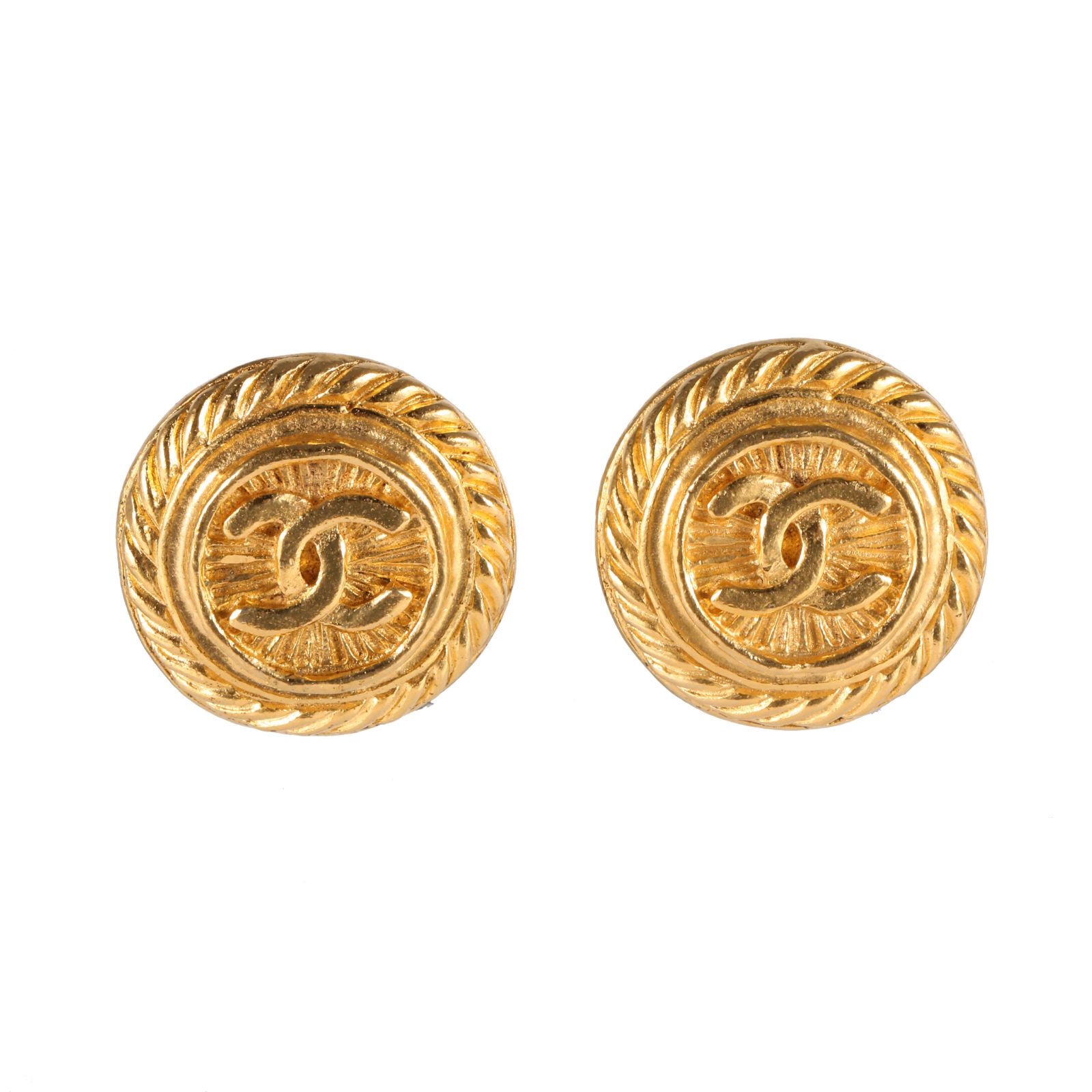CHANEL Vintage CC Logo Wheat Sheaf Earrings Gold Tone Alloy