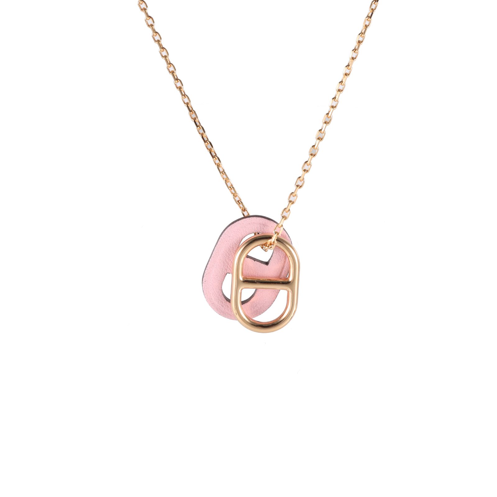 HERMES O Maillon Pendant Necklace with Pink Cherry Blossom Leather Detail