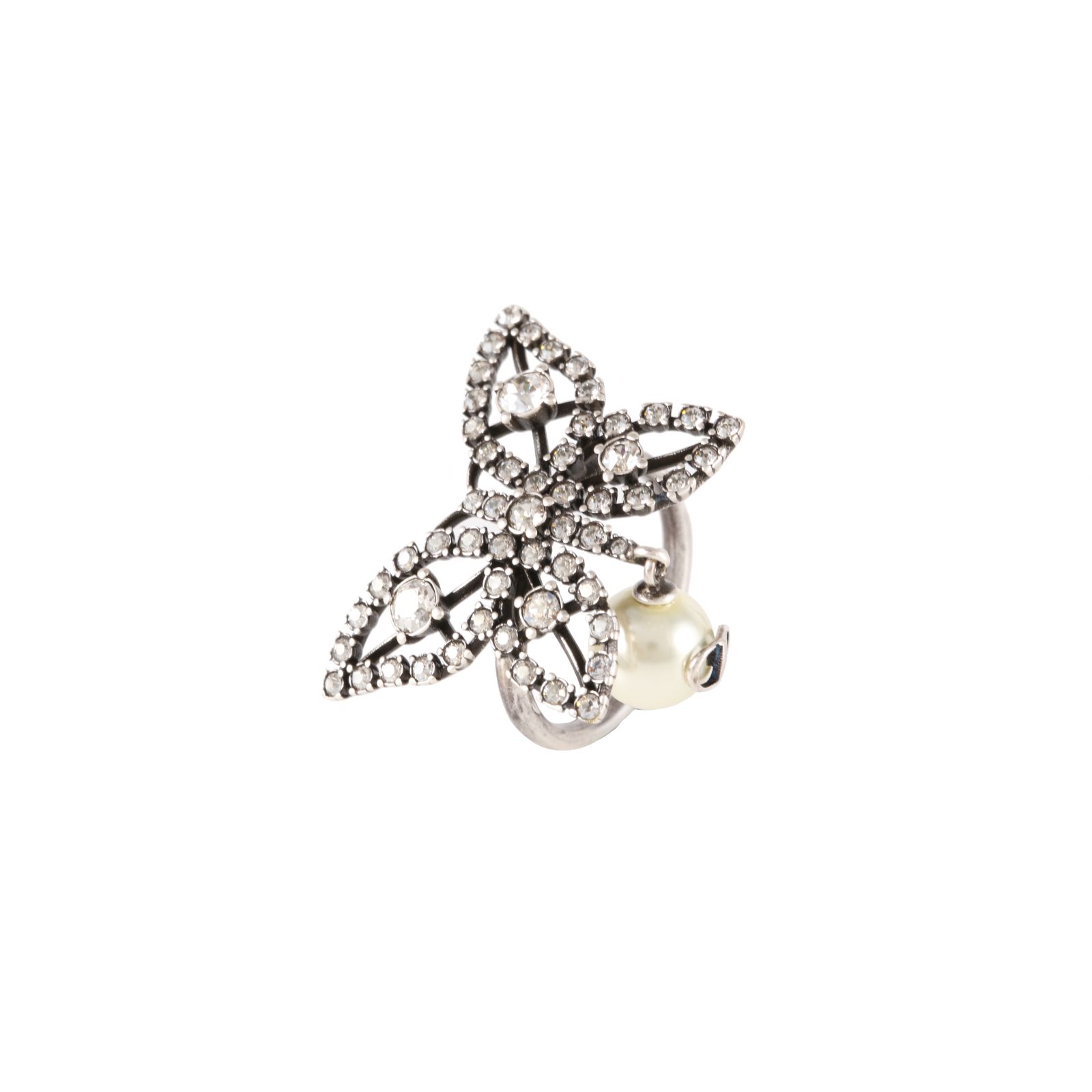 DIOR Butterfly Crystal & Pearl Ring Gold Tone Alloy Size 52