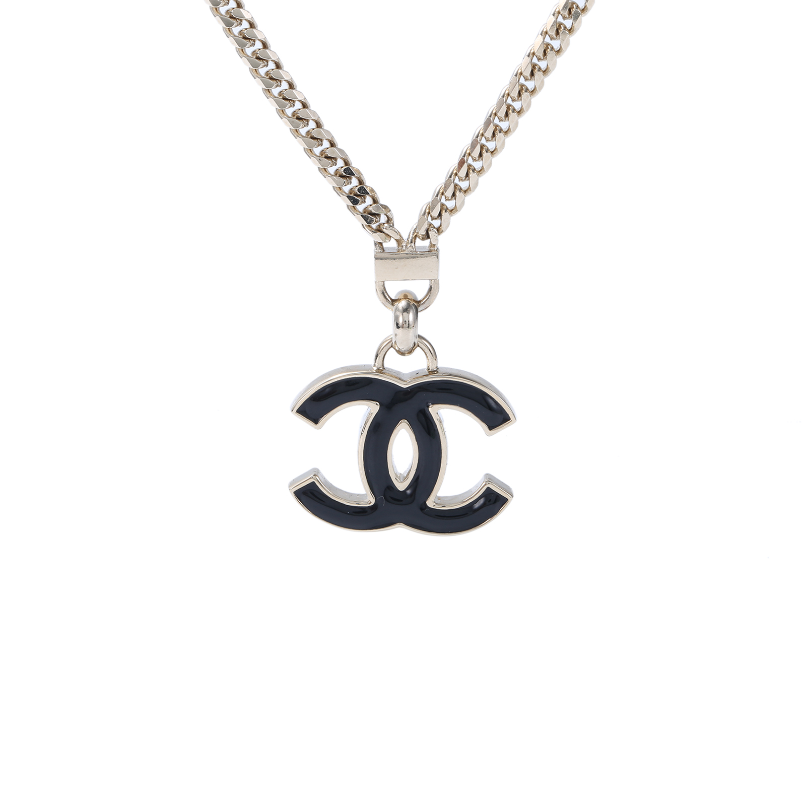 CHANEL 24P Black CC Pendant Necklace Alloy