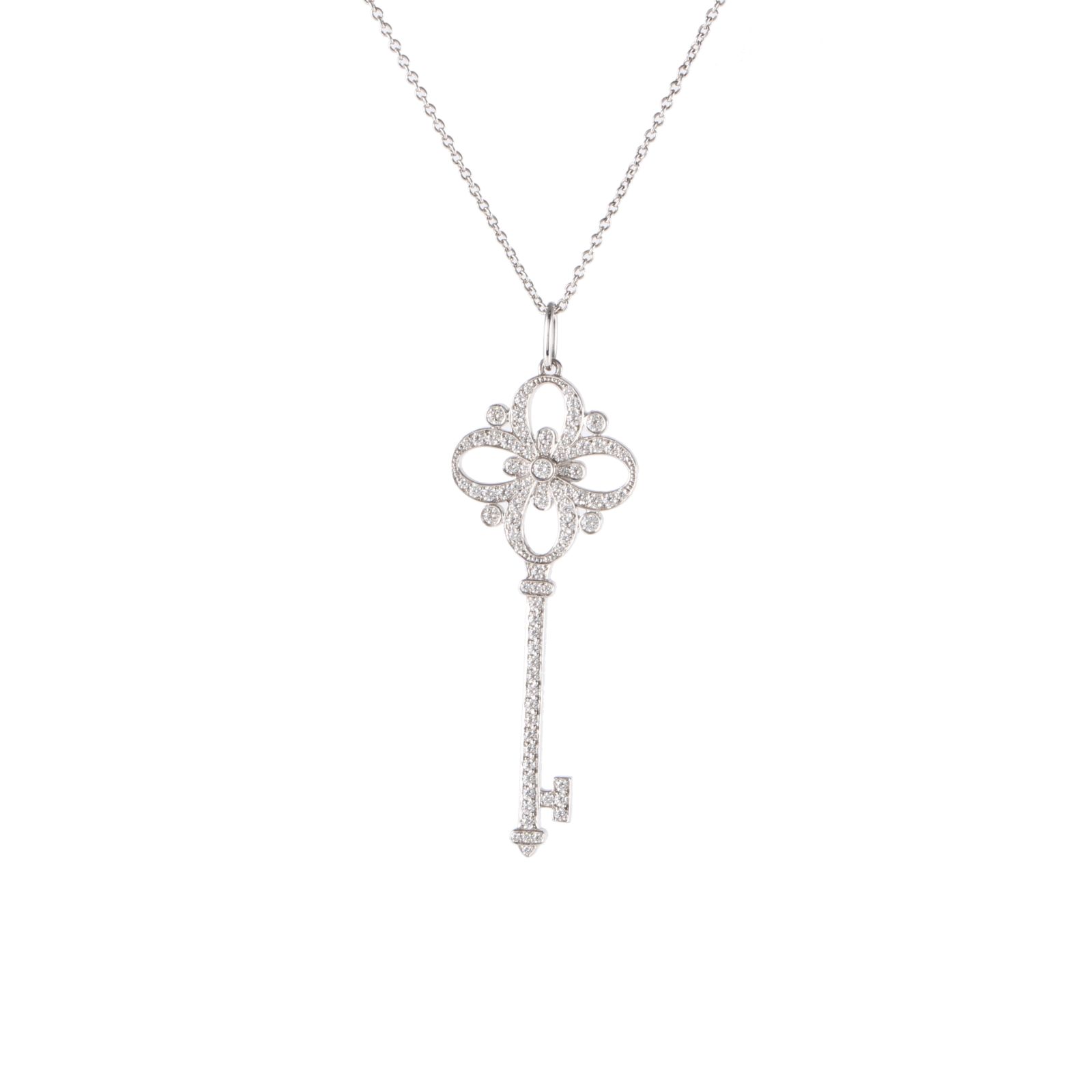 TIFFANY & CO. Key Pendant Necklace 18K White Gold with Diamonds
