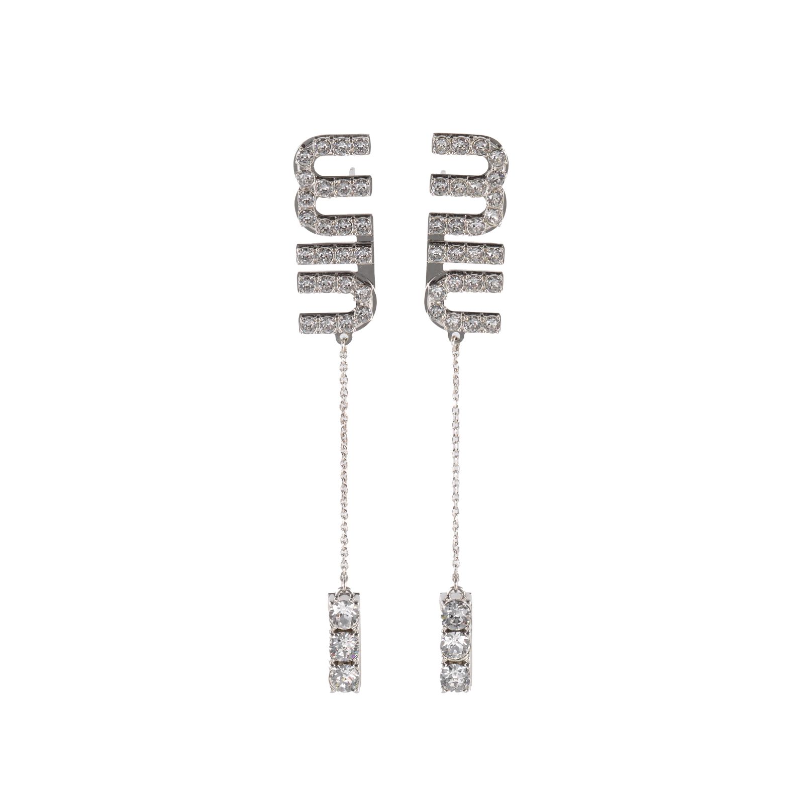 MIU MIU Crystal Letter Tassel Earrings Silver Tone Alloy