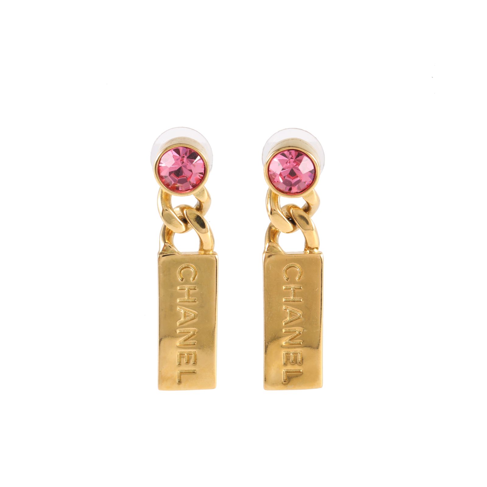 CHANEL 21C Pink Crystal Drop Earrings Gold Tone Alloy