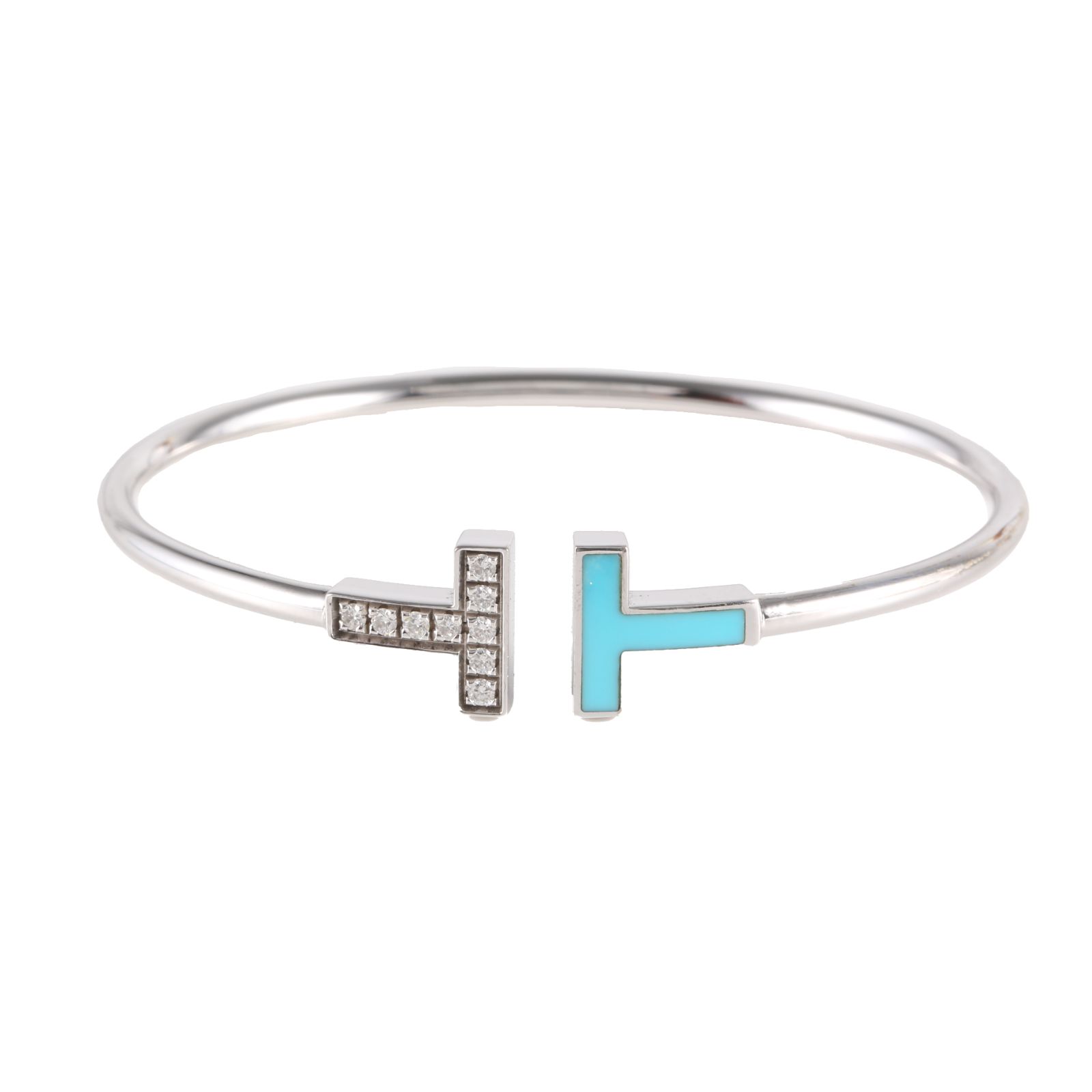 TIFFANY & CO. T Wire Bracelet Medium 18K White Gold with Turquoise and Diamonds