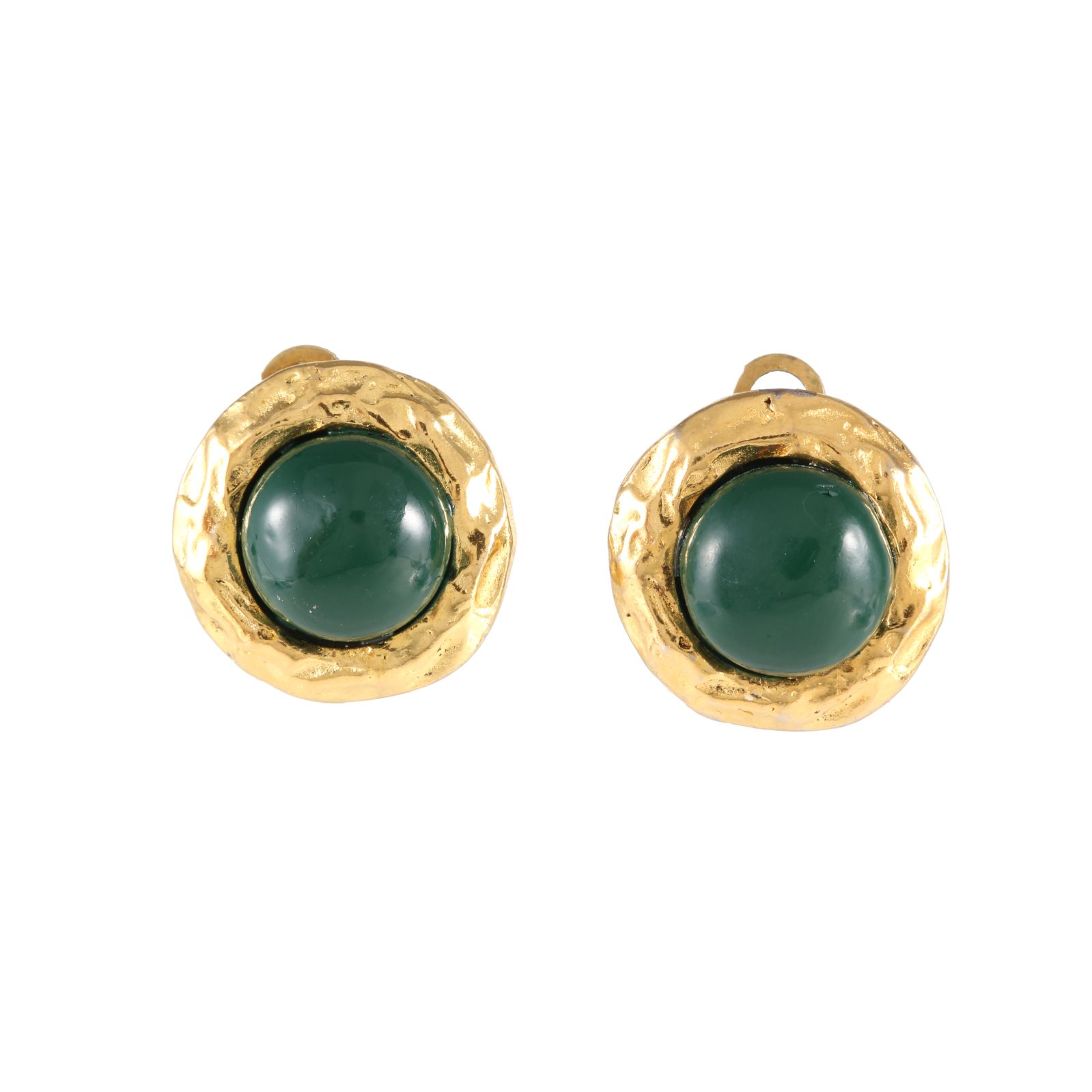 CHANEL Vintage Green Glass Ear Clips Gold Tone Alloy