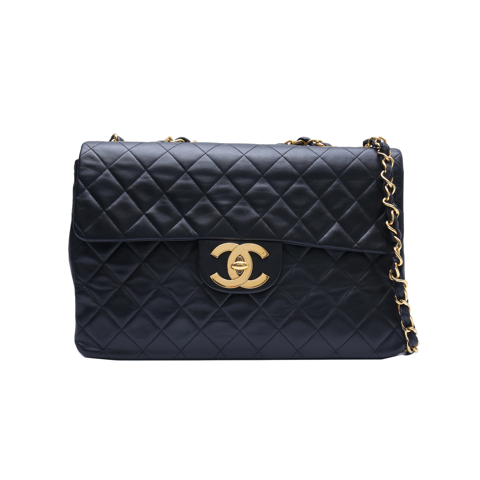 CHANEL Vintage Beige Flap Bag Black Leather