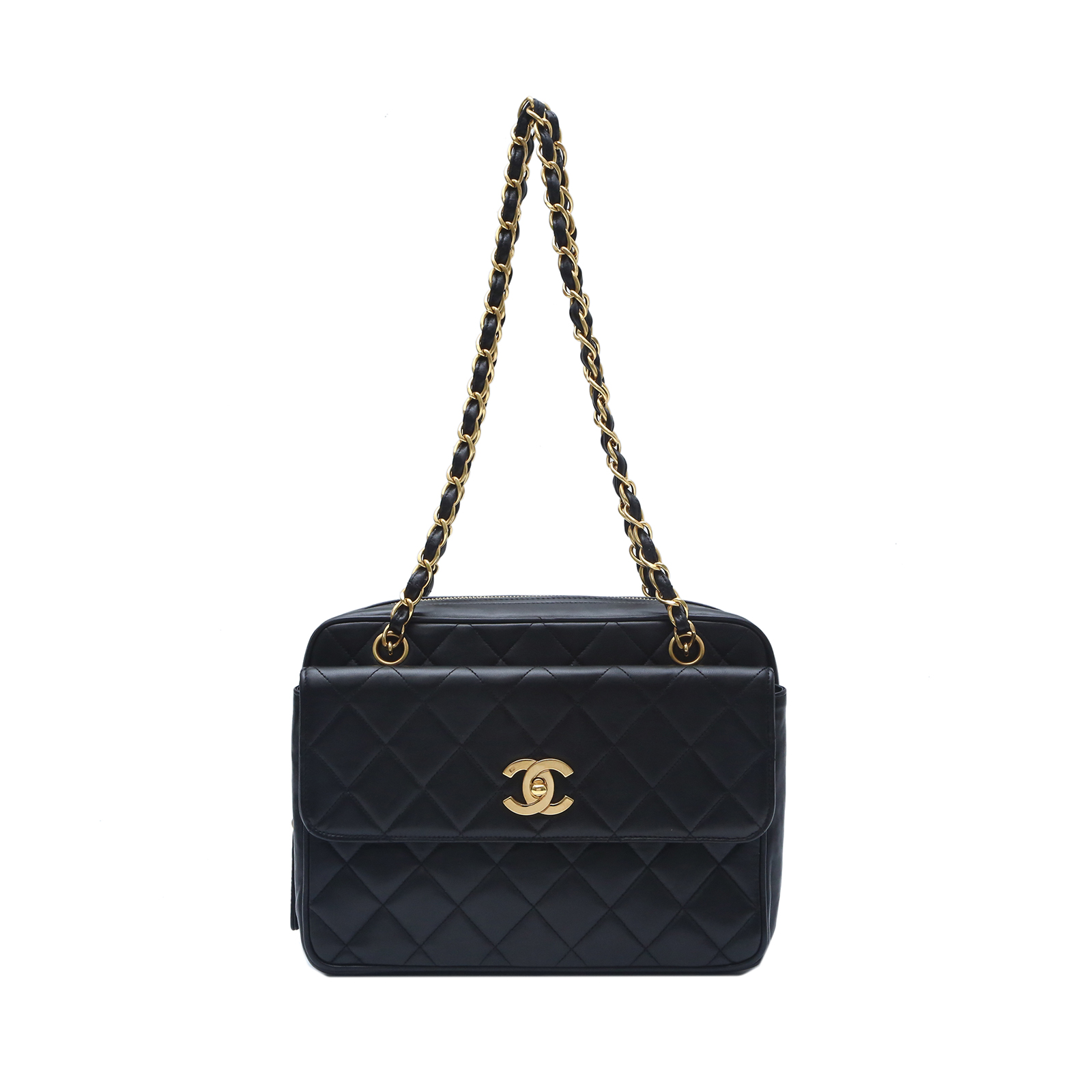 CHANEL Vintage Beige Flap Bag Black Leather