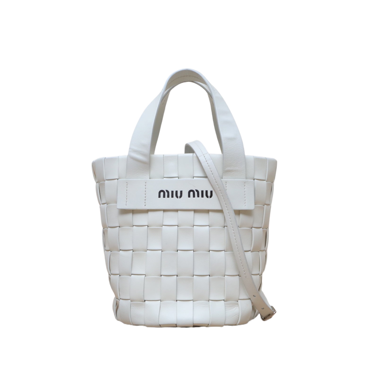 MIU MIU Woven Bucket Bag 20cm in White Leather