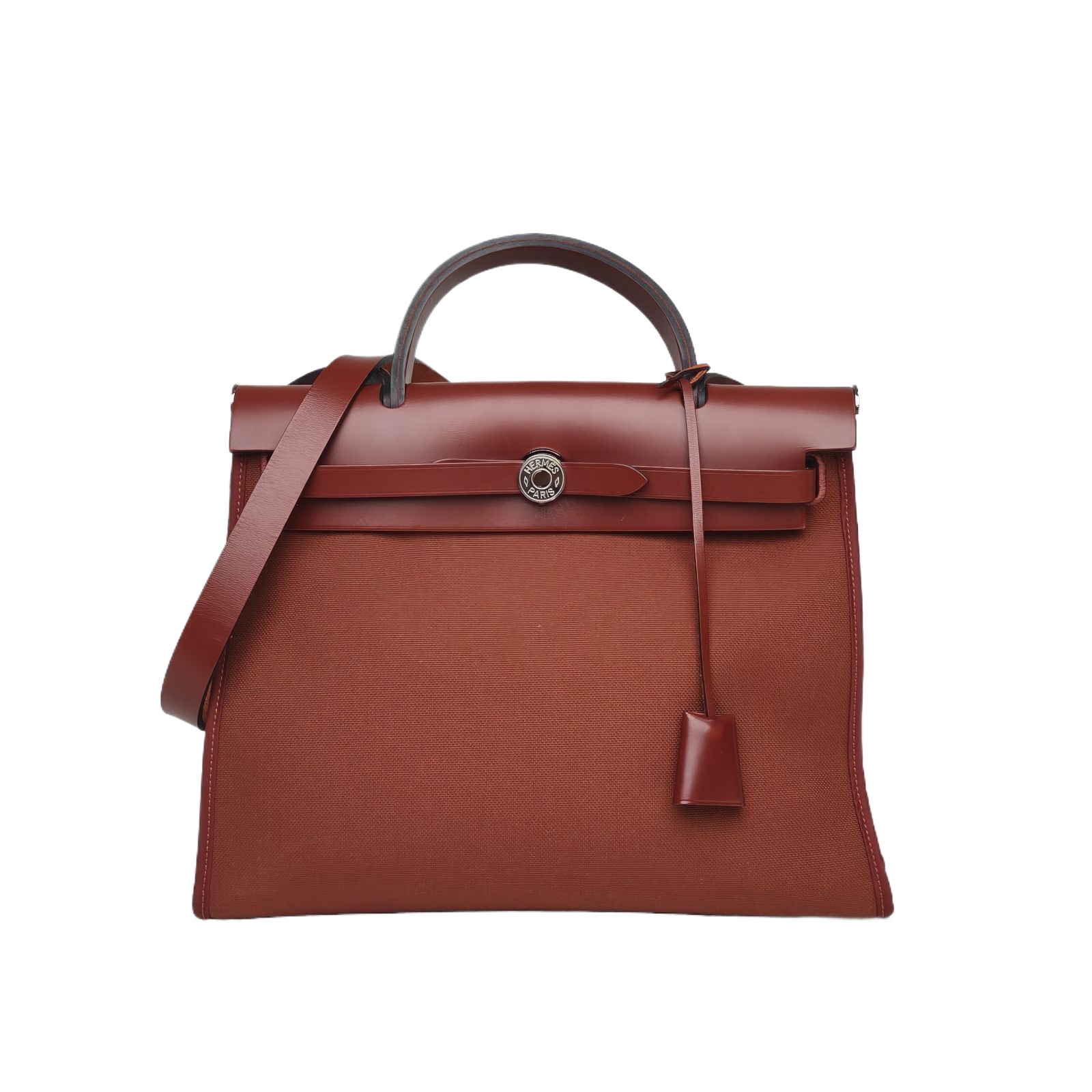HERMES Herbag 31cm in Red Canvas & Hunter Leather