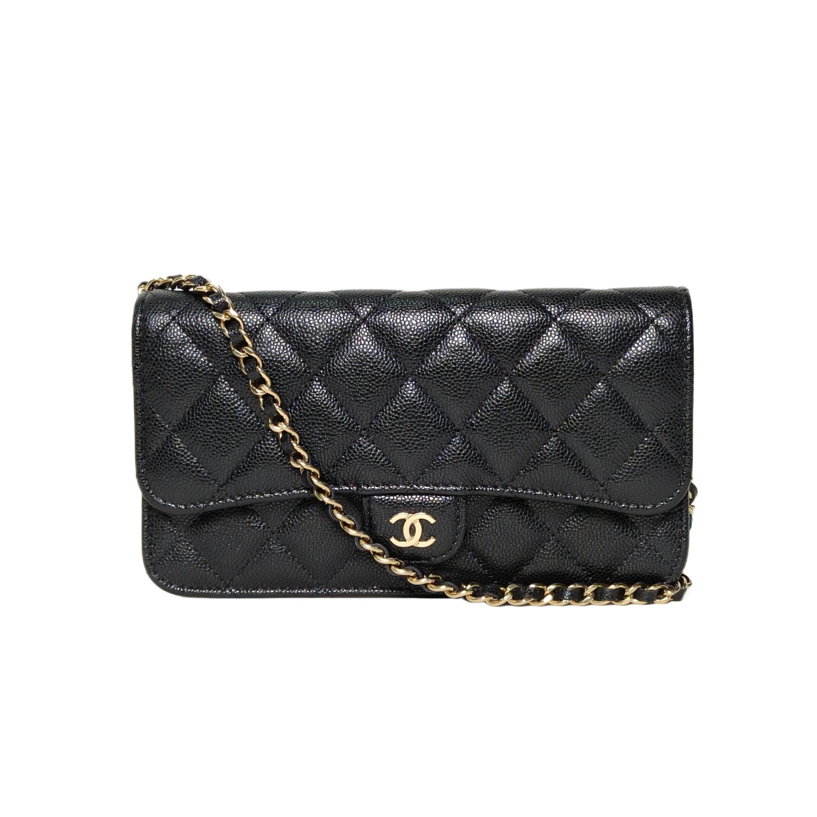 Chanel 24A CF Mini WOC Phone Bag in Black Quilted Leather