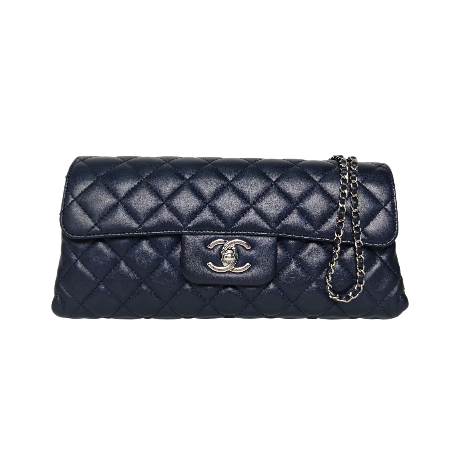 Chanel East West Long Flap Bag in Blue Leather