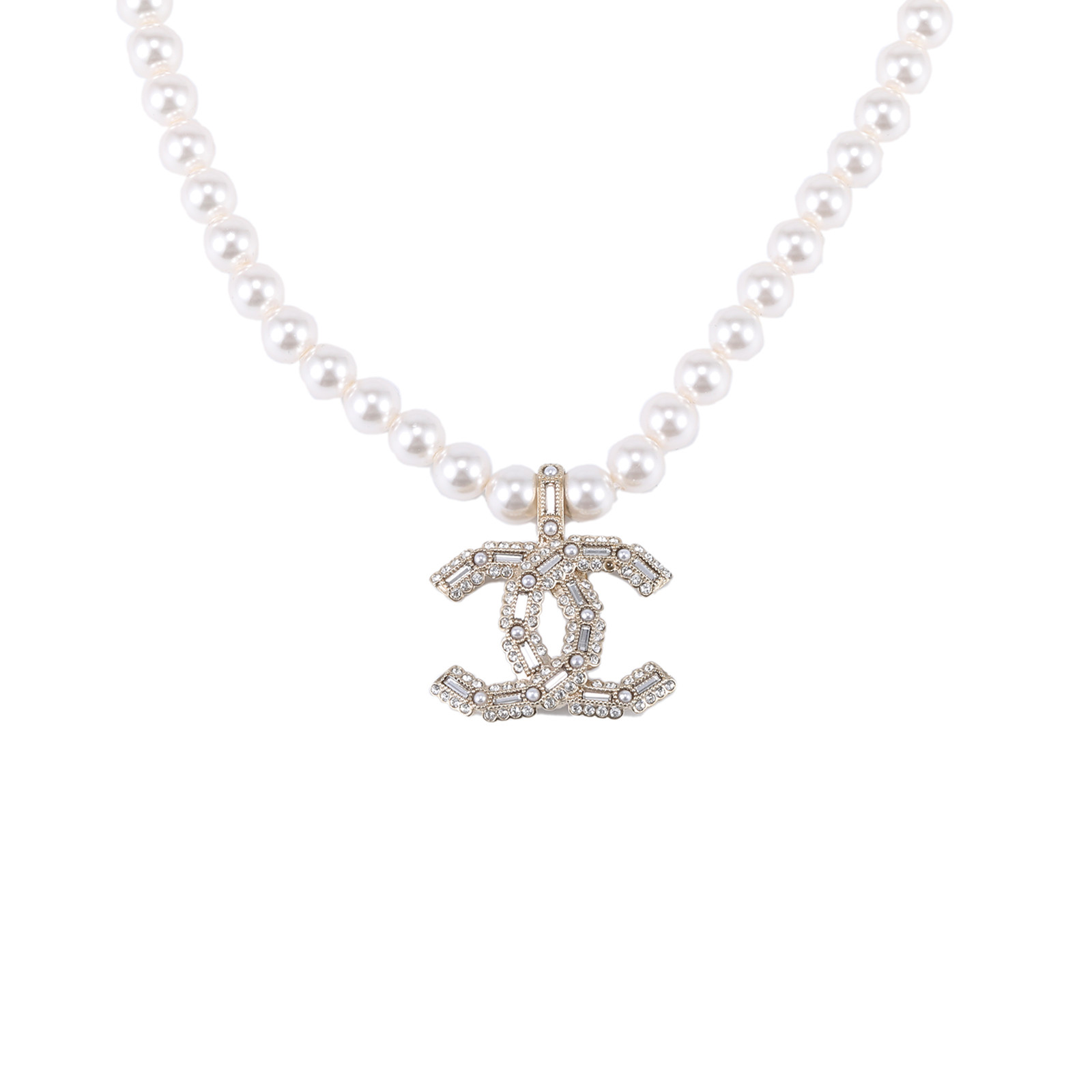 CHANEL Double C Pearl Necklace With Crystals Alloy
