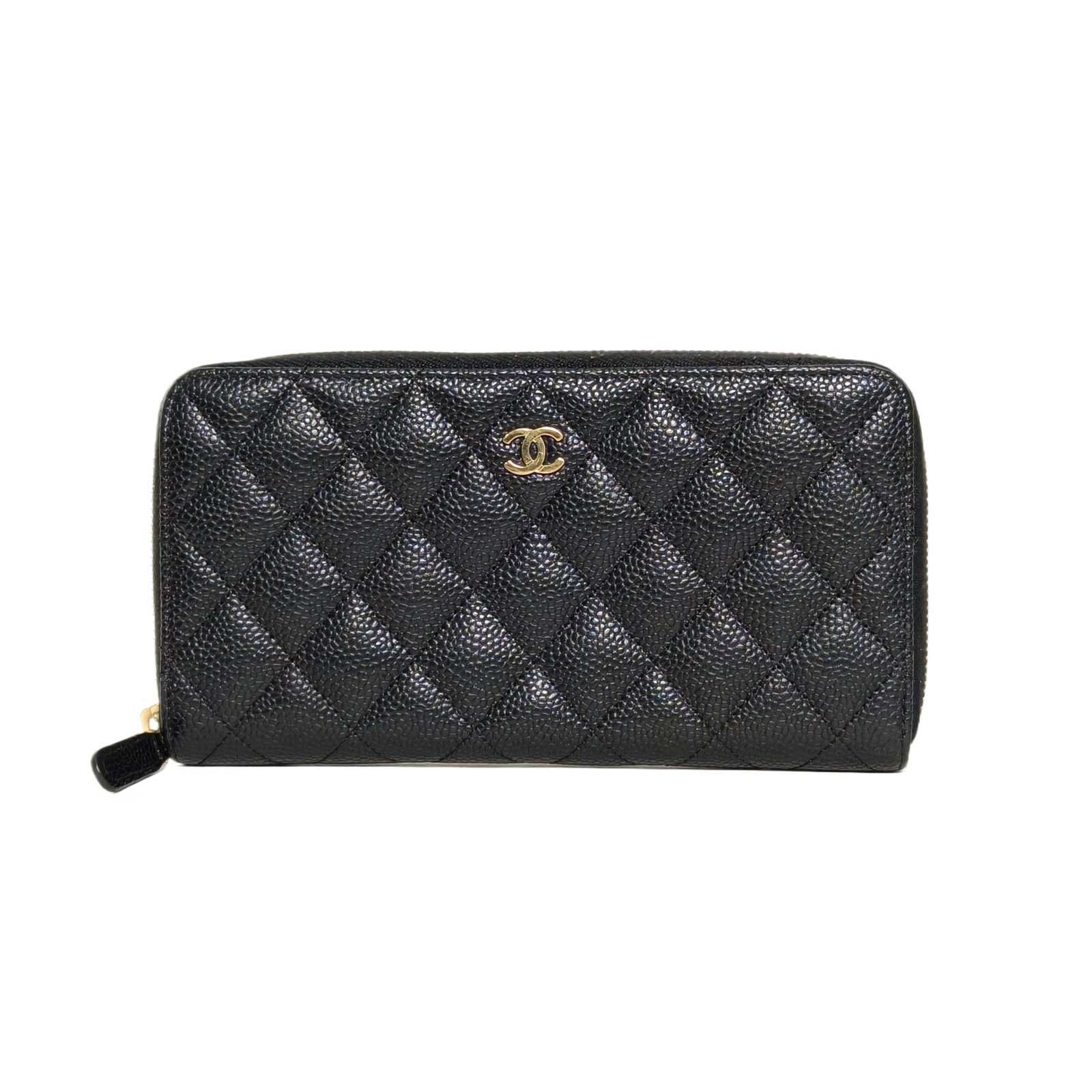 Chanel CF Long Zip Wallet 19cm in Black Grained Leather