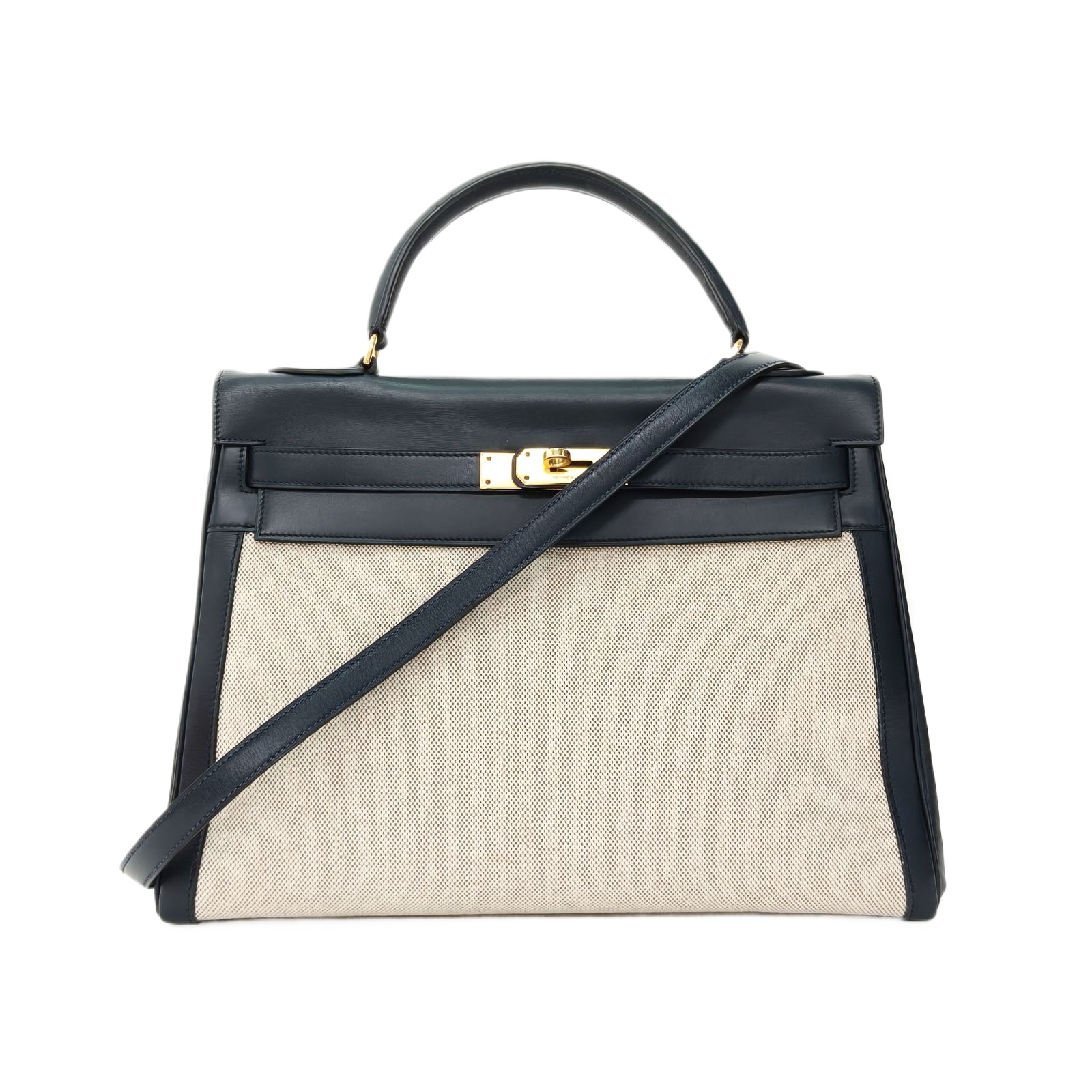 Hermes Kelly 32 in Blue Box Calf Leather/Canvas