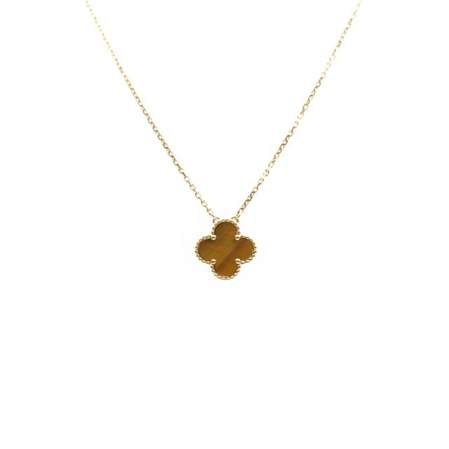 VAN CLEEF & ARPELS Vintage Alhambra Single Flower Necklace With Tiger's Eye 18K Yellow Gold