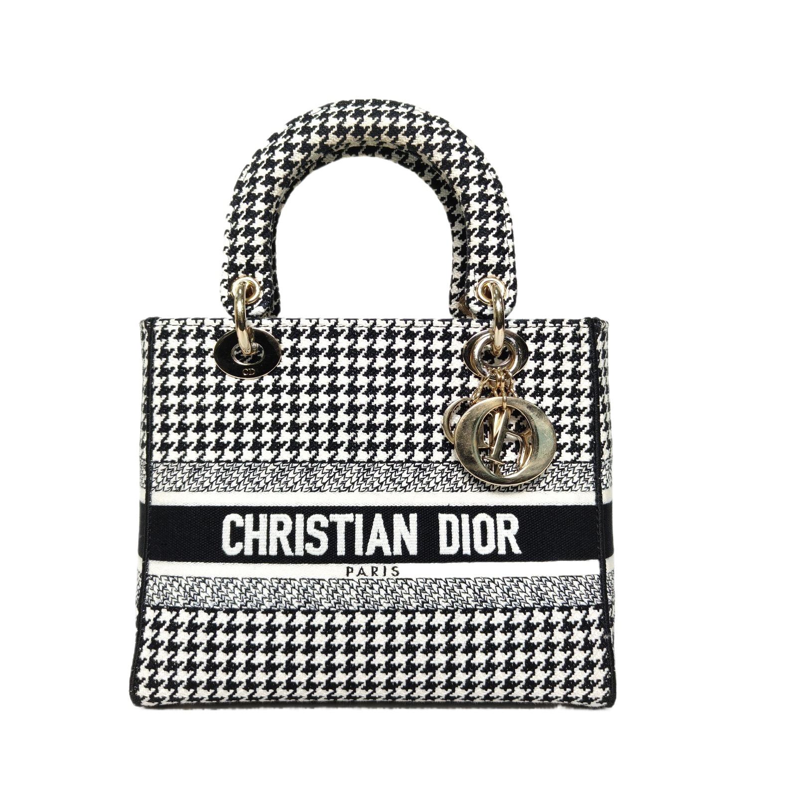 Dior Lady D-Lite Medium 24cm Black and White Houndstooth Canvas