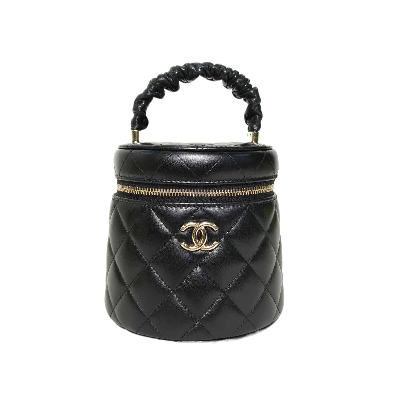 Chanel 22SS Vanity Case Cylinder 13cm Black Leather
