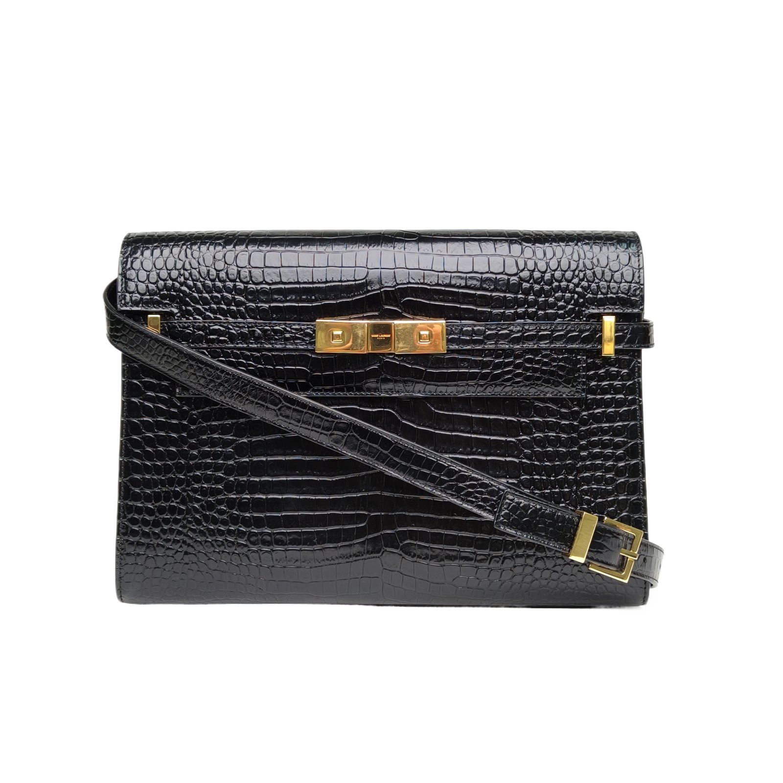 Saint Laurent Manhattan Box Medium 29 Black Crocodile Embossed Leather