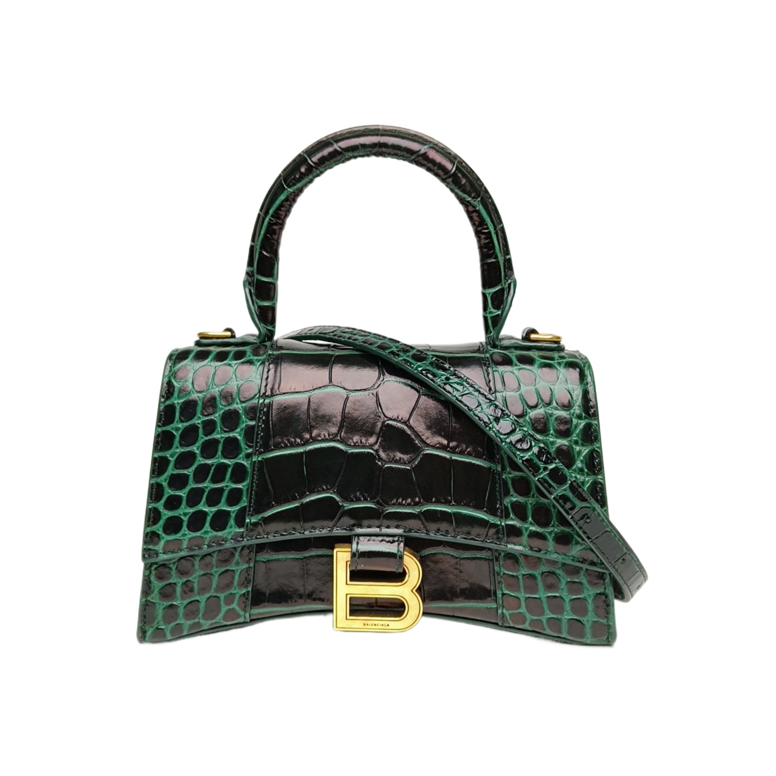 Balenciaga Hourglass XS Green Crocodile Embossed Leather