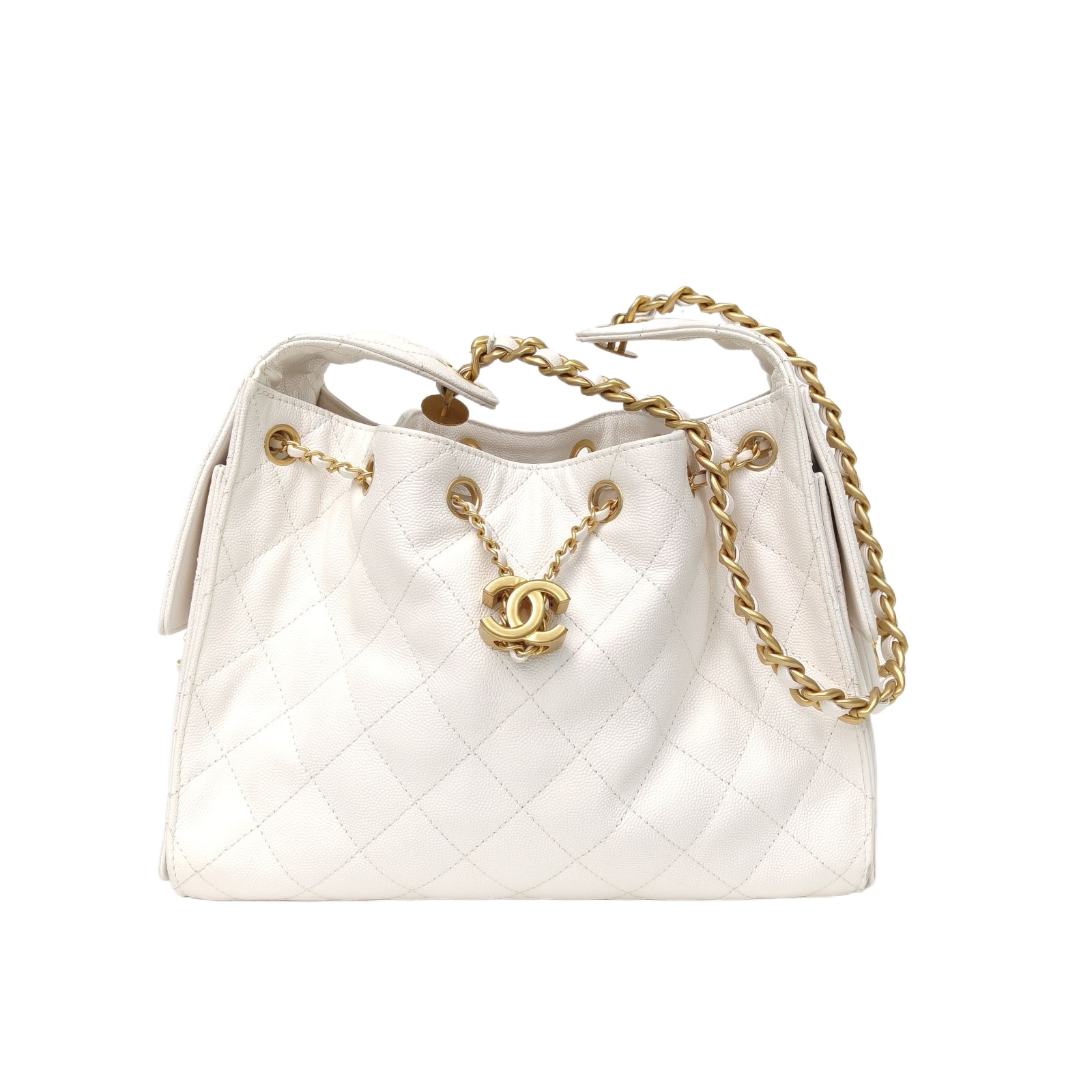 Chanel 25B Small Bucket Bag White Caviar Leather