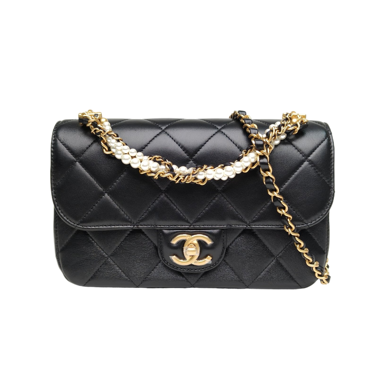 Chanel Classic Flap Pearl Chain Bag Black Caviar Leather