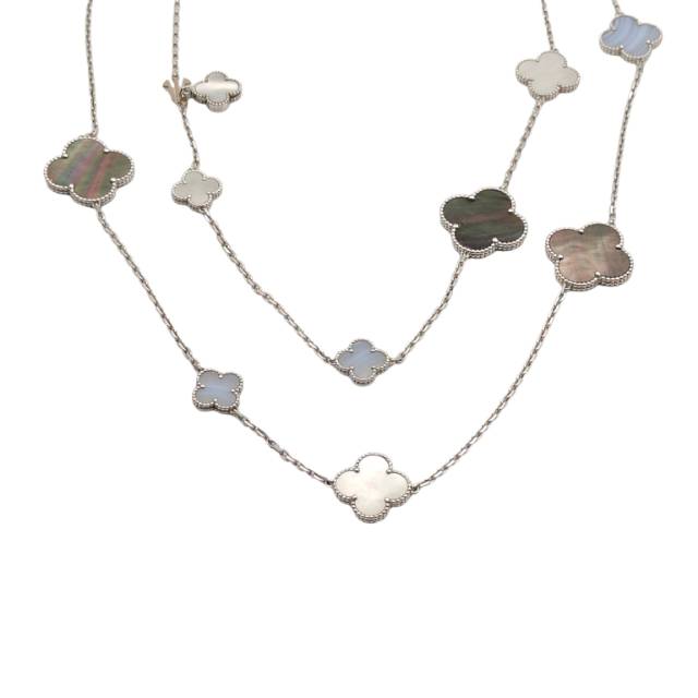 VAN CLEEF & ARPELS Magic Alhambra 16 Motifs Necklace 18K White Gold with Mixed MOP & Agate