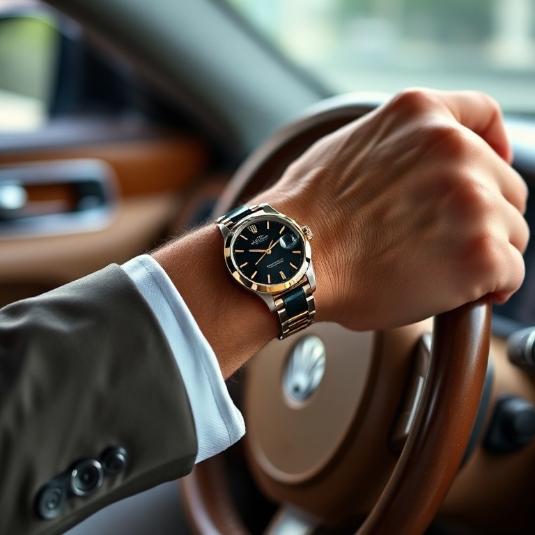 A man wearing a luxury Rolex Datejust watch while driving.