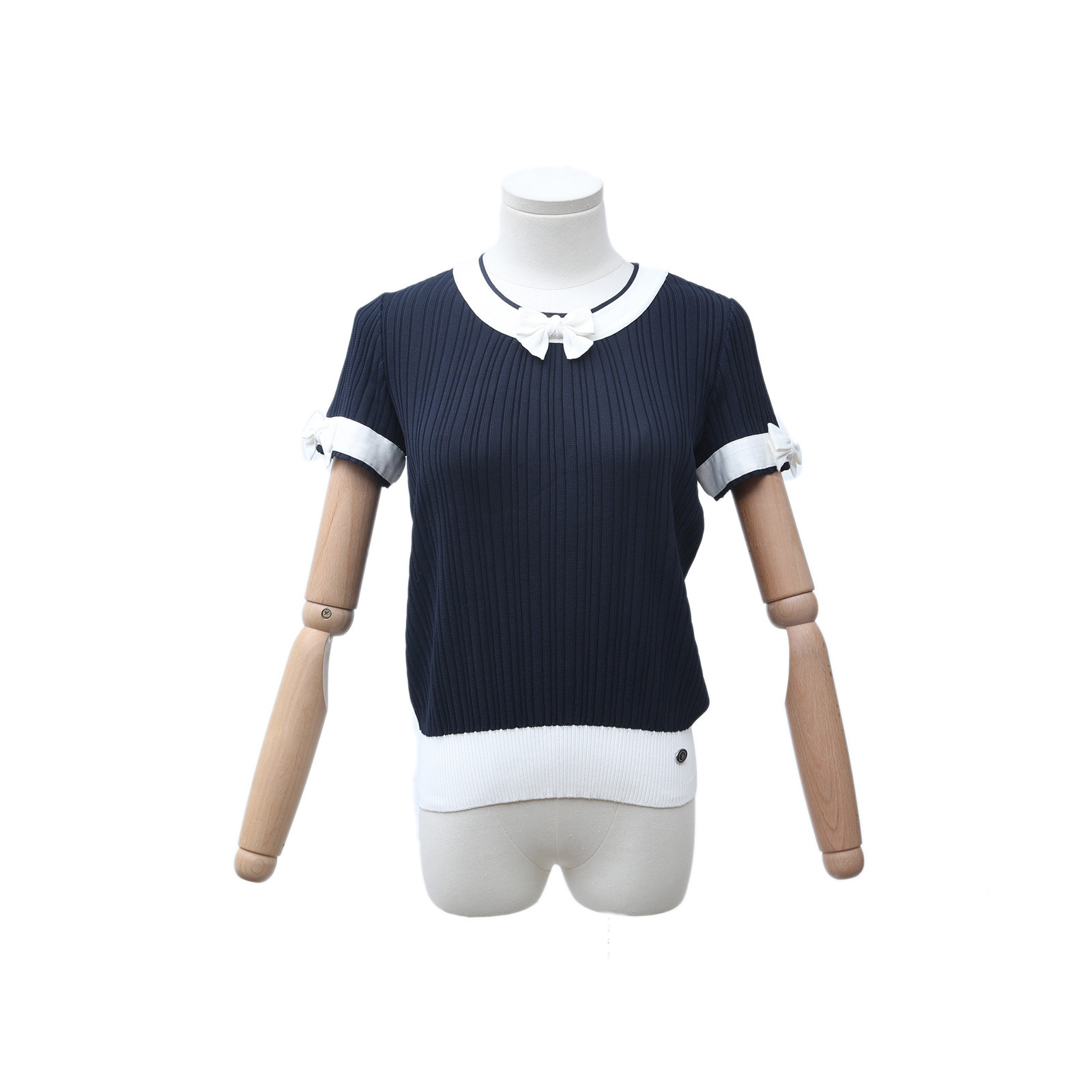 CHANEL Vintage Navy Blue Rayon Knit Top with White Trim