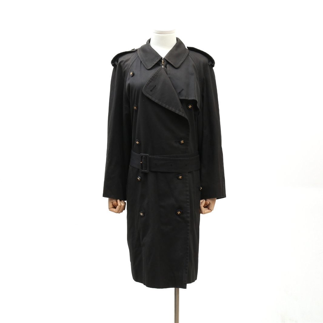 CHANEL Vintage Black Cotton and Wool Trench Coat