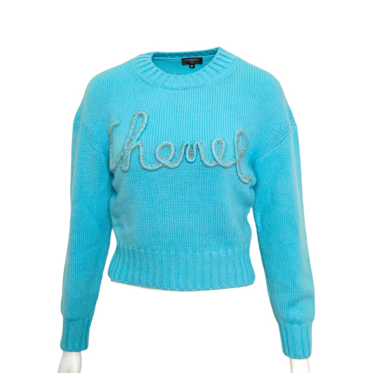 CHANEL Light Blue Cashmere Logo Sweater