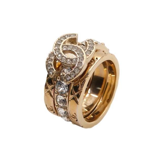CHANEL Triple Stack Ring With Crystal Detail Alloy