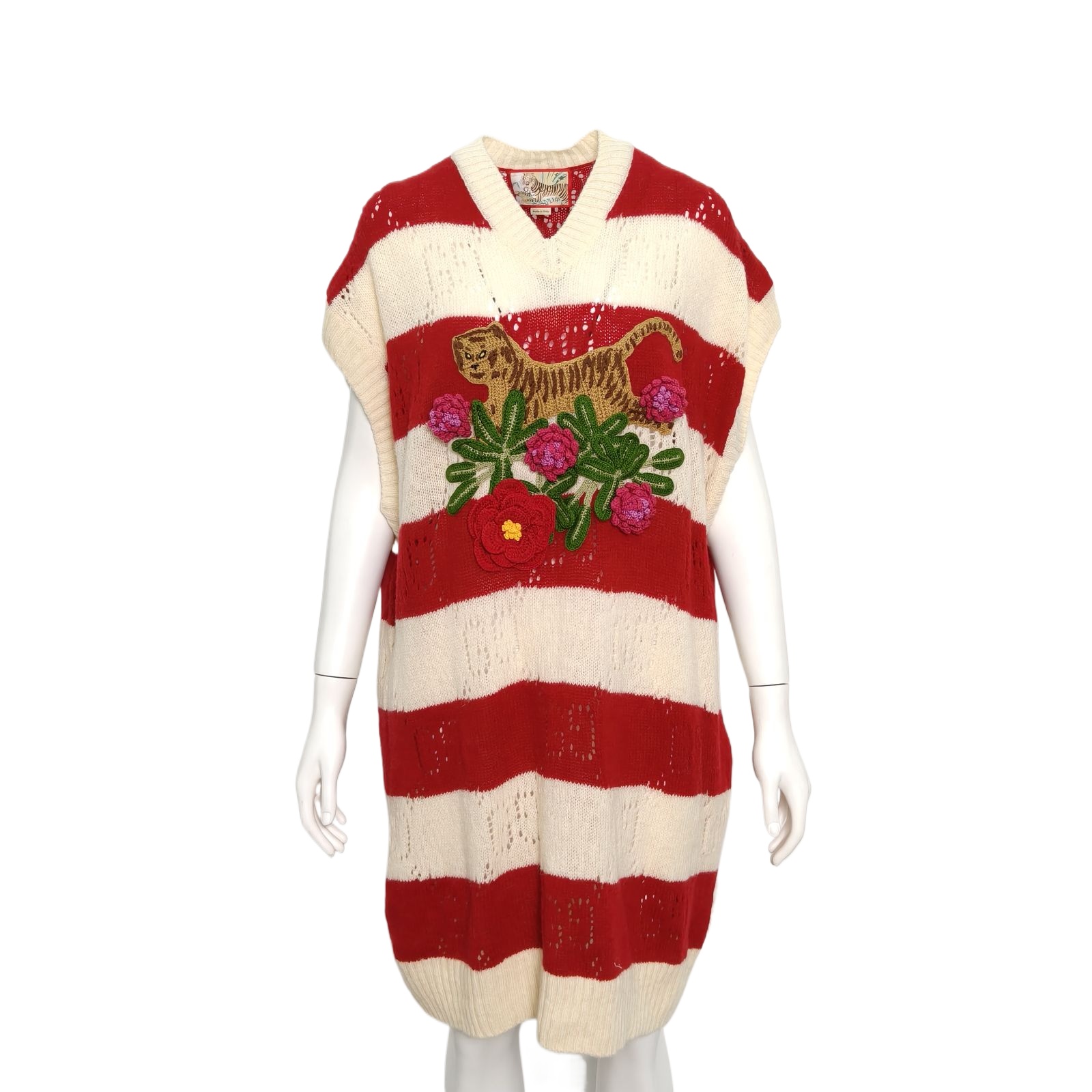 GUCCI Red and White Wool Knit Dress with Tiger Embroidery