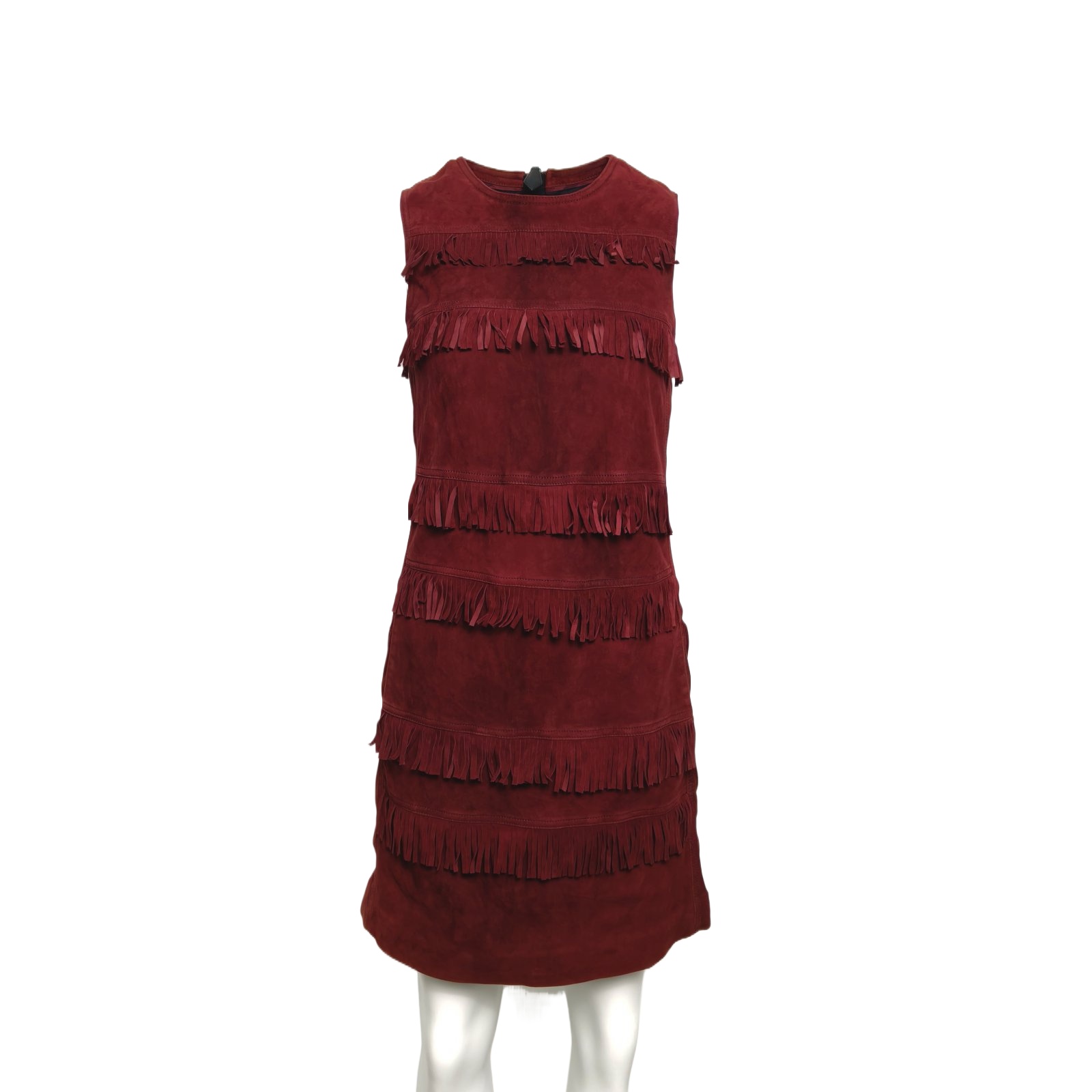 BURBERRY Burgundy Leather Suede Fringe Sleeveless Dress